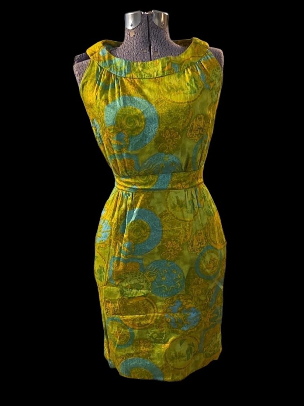 Fab MCM 1950's-60's Silk Asian Style Print Wiggle Dress VG Condition! Size XS-S